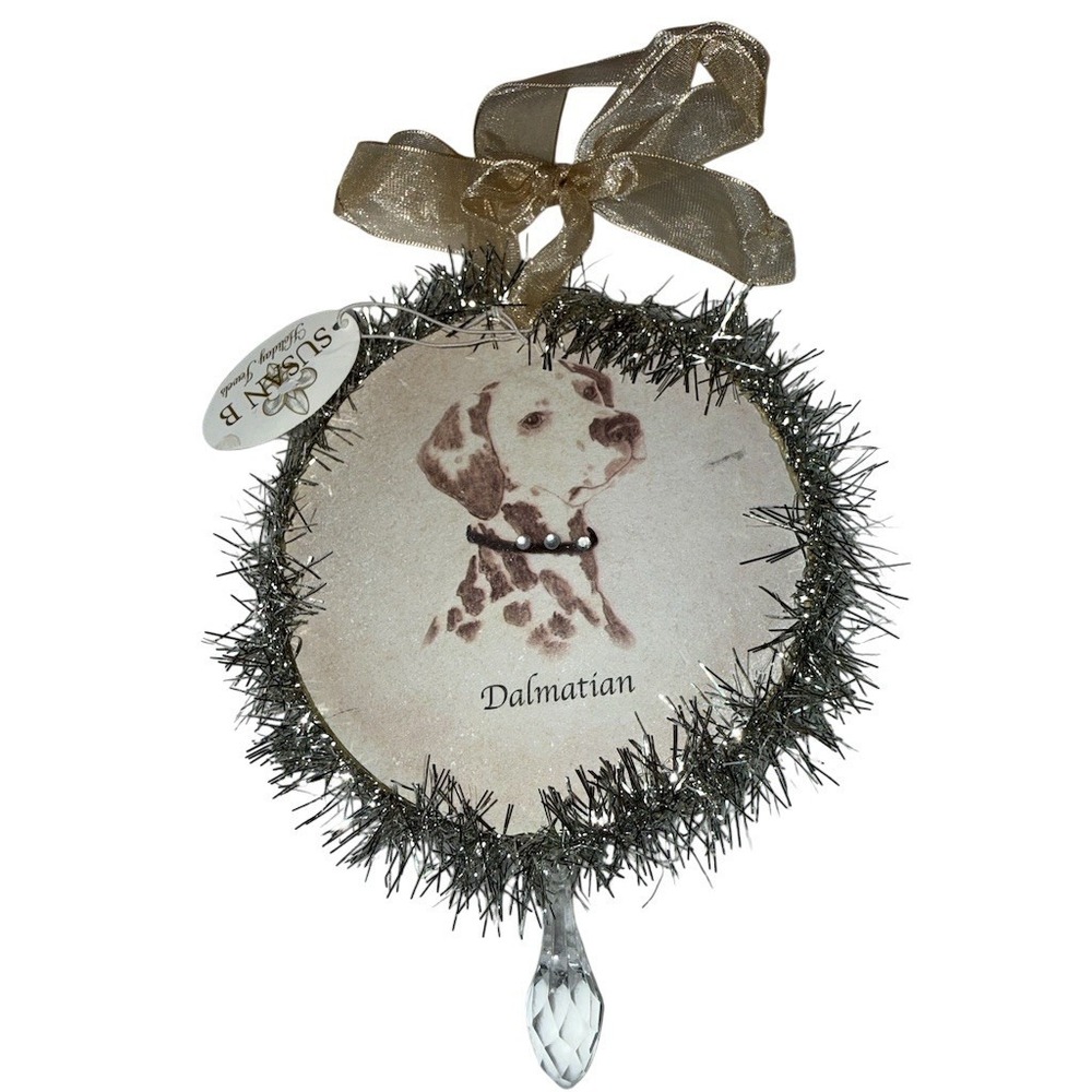 Susan B Holiday Jewels Dalmatian Dog Ornament Tinsel Wreath Crystal Christmas